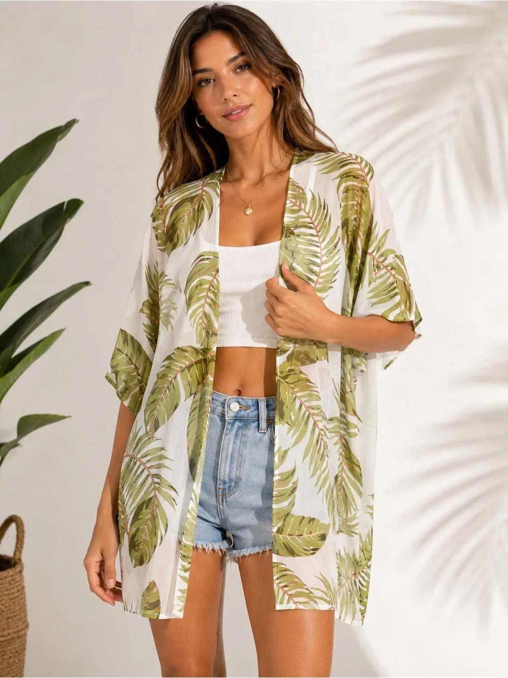 NWT JNNA Tropical Palm Leaf Sheer Kimono Cover Up Size M